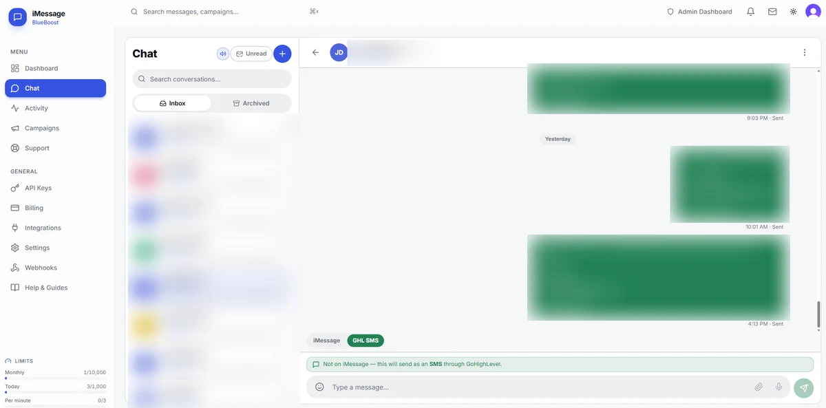 The BlueBoost inbox: a conversation with the iMessage and GoHighLevel SMS channel pills above the composer, a banner reading "Not on iMessage, this will send as an SMS through GoHighLevel", and the daily and per-minute send counters in the sidebar. Recipient names and numbers are blurred.