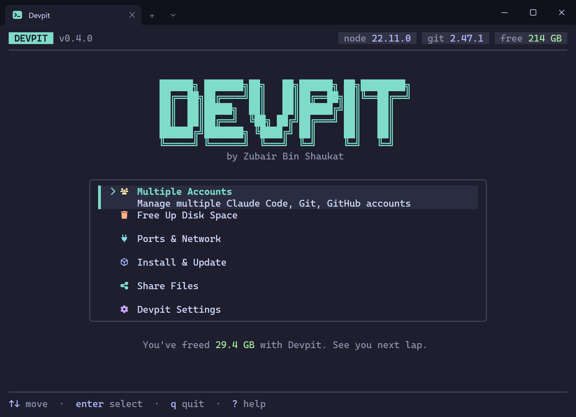 The Devpit main menu in Windows Terminal, version 0.4.0: the DEVPIT logo "by Zubair Bin Shaukat" above six sections, Multiple Accounts (highlighted, "Manage multiple Claude Code, Git, GitHub accounts"), Free Up Disk Space, Ports & Network, Install & Update, Share Files and Devpit Settings, with node, git and free-space readouts in the header.