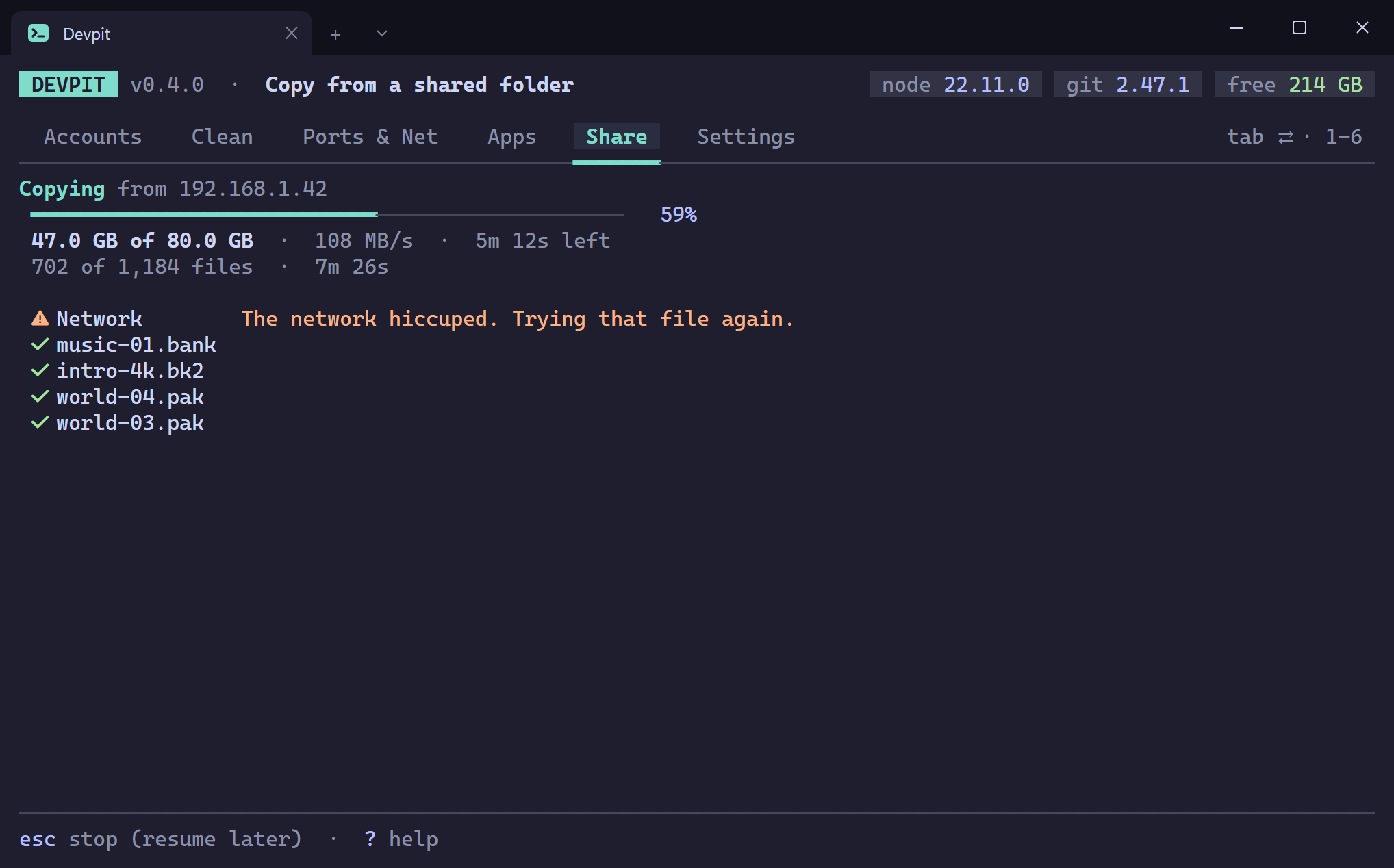 Devpit's Share Files tab copying a folder from another PC at 192.168.1.42: a progress bar at 59%, 47.0 GB of 80.0 GB at 108 MB/s with 5m 12s left, 702 of 1,184 files, a notice reading "The network hiccuped. Trying that file again.", and the files finished most recently.
